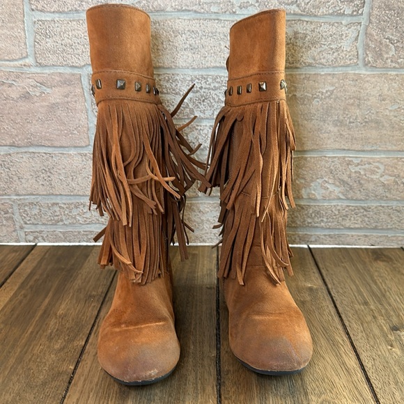 Yoki Toddler Girls Trina Rust 2-Layer Fringe Moccasin Tall Suede Boot / Sz 11 - Picture 4 of 16